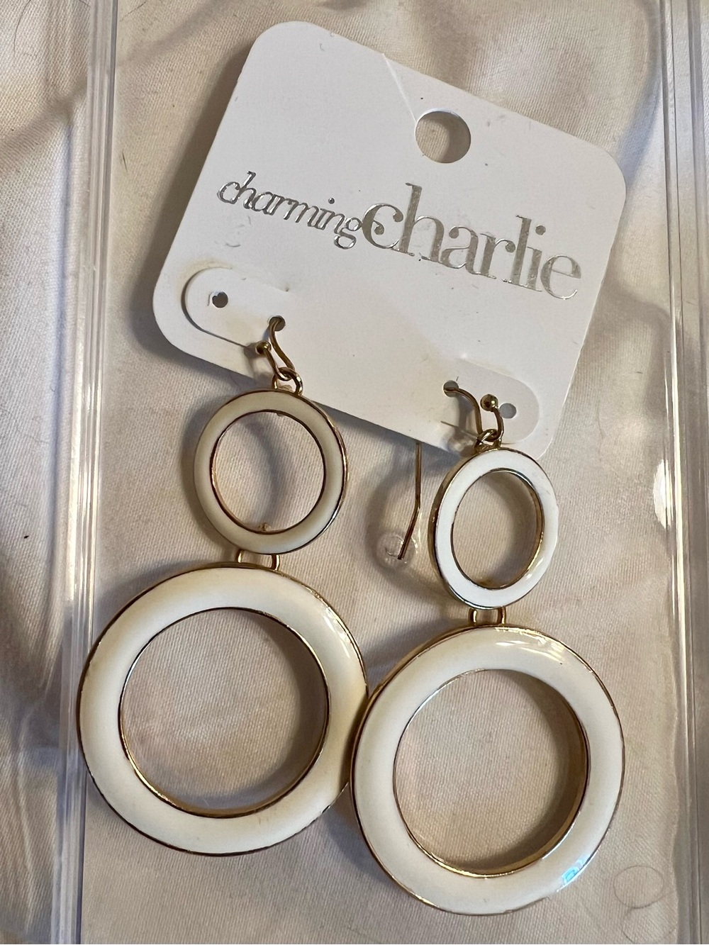 Charming Charlie Gold-Trim White Enamel Double Hoop Drop Earrings